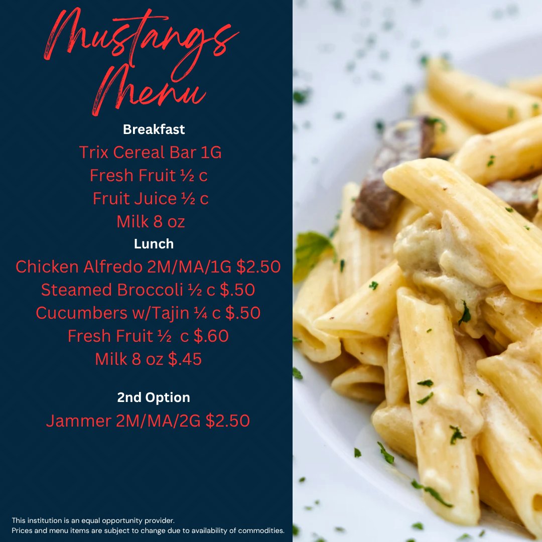 mmeraz08's tweet photo. Our Mustangs Lunch Menu for FriYay!!!

#SISD #ALLIN https://t.co/LlyYXwp8wN
