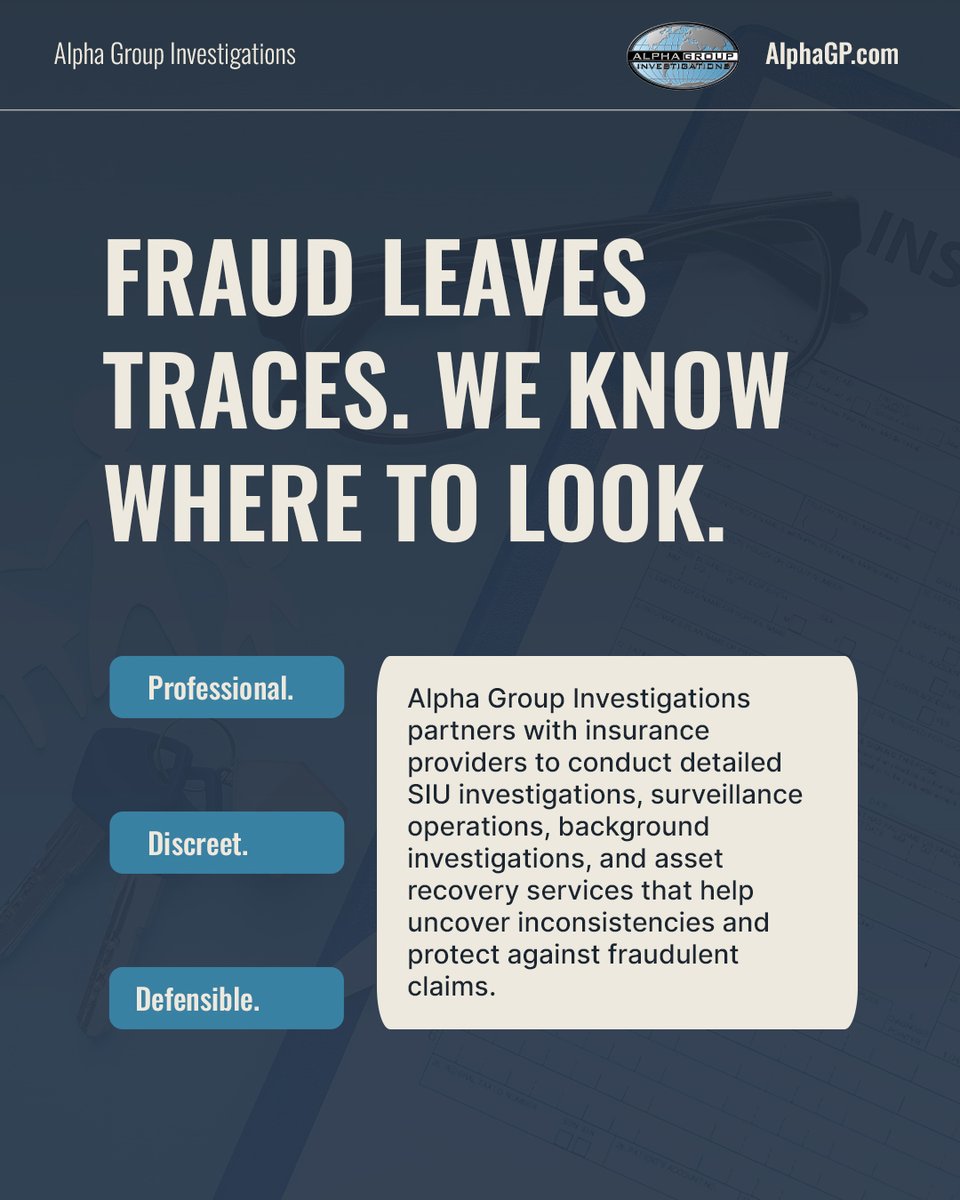 FrankShea's tweet photo. Fraud leaves a trail — and we know where to look.
Alpha Group supports insurance providers, attorneys &amp; claims professionals with SIU investigations, surveillance, background investigations, &amp; asset recovery. Professional. Discreet. Defensible. https://t.co/bWKHahBBRA https://t.co/RGBCgOx0Od