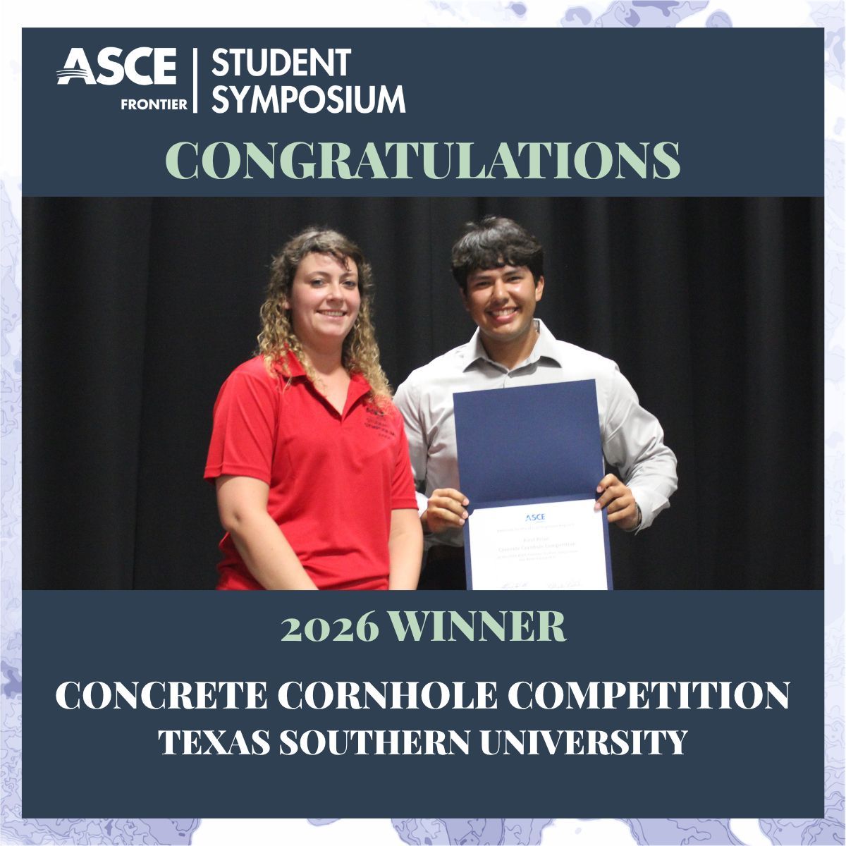 TEXASCEtweets's tweet photo. Congratulations to the winners of the 2026 ASCE Frontier Student Symposium Concrete Cornhole Competition, Texas Southern University!
Join us in celebrating this year’s outstanding teams and competitors! #FrontierSymposium26 #ASCE https://t.co/ytpJqaghbe