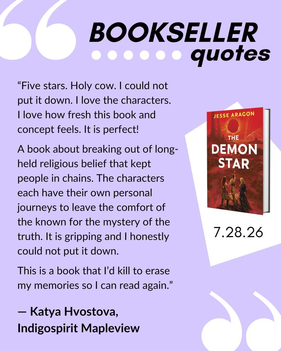 dawbooks's tweet photo. Want to know what booksellers think about our upcoming books? Swipe to see their lovely reviews on The Demon Star by Jesse Aragon, The Dragon Has Some Complaints by John Wiswell, and We Are for the Dark by Gretchen McNeil 📚 

For more, check out our Instagram @dawbooks https://t.co/haOqT3dcCP