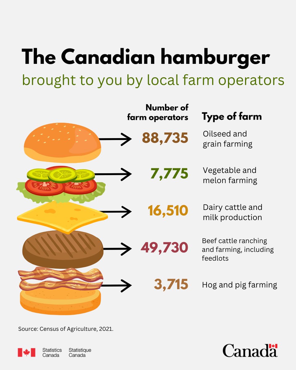 StatCan_eng's tweet photo. From the farm to the grill, Canadian farmers make every burger better by producing fresh ingredients right here at home!🍔 https://t.co/VG15sAyO61 #HamburgerDay https://t.co/XZsHMYc975