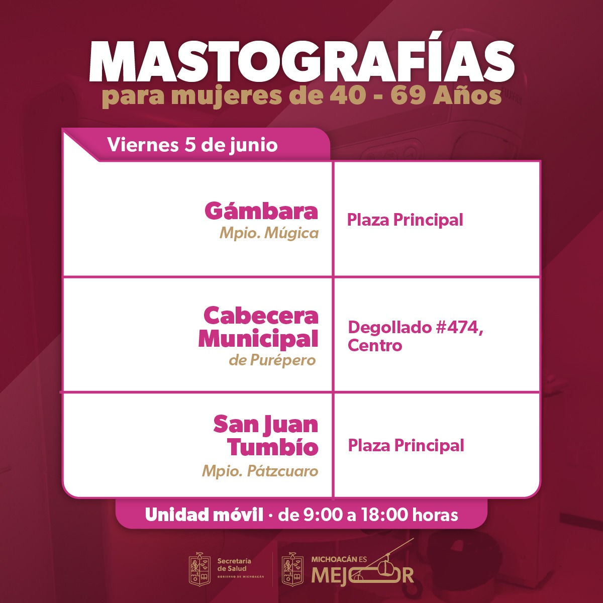 SSalud_Mich's tweet photo. 🚑🎀Las unidades móviles de mastografías estarán recorriendo distintos municipios del estado para acercar estudios gratuitos y oportunos a más mujeres.

📍Consulta en que municipio estarán próximamente y realiza tu chequeo.
Detectar a tiempo puede marcar la diferencia. https://t.co/YzH8TyZCcb