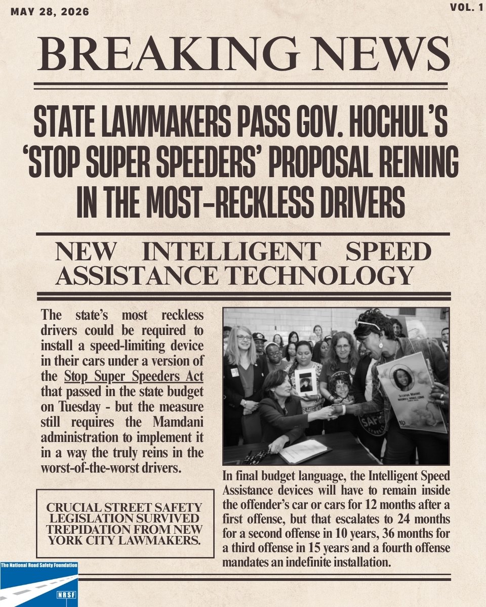 NRSForg's tweet photo. Huge thanks to Families for Safe Streets &amp; Transportation Alternatives for pushing to curb reckless driving. The "Stop Super Speeders" bill is a massive step toward safer roads for all.
Let’s keep pushing forward! 🏙️🚲🚶‍♀️

#NRSFsquad #StopSuperSpeeders #IntelligentSpeedAssistance https://t.co/A9uDXrrFPp