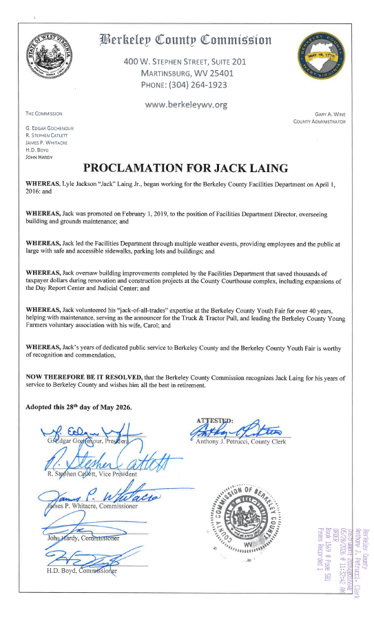 WVBerkeleyCC's tweet photo. The Berkeley County Commission adopted a proclamation recognizing Facilities Department Director Jack Laing for his years of service to Berkeley County and over 40 years with the Berkeley County Youth Fair.  

Thank you, Jack! Wishing you all the best in retirement! 🎉 https://t.co/FJ2Taoo4j4