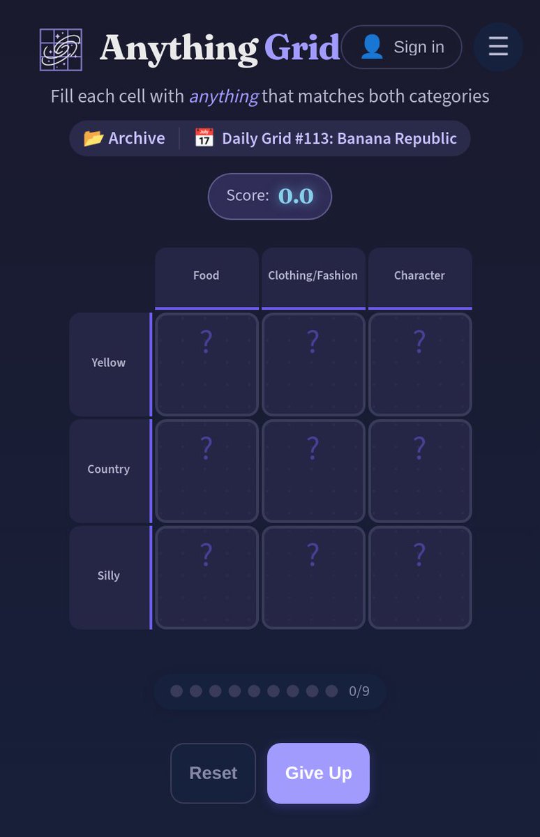 AnythingGrid's tweet photo. Anything Grid #113: Banana Republic

Fill all 9 cells with anything that fits both categories. Share your results below! 👇

https://t.co/4fYXQaQEH7 https://t.co/nicZSn63mB