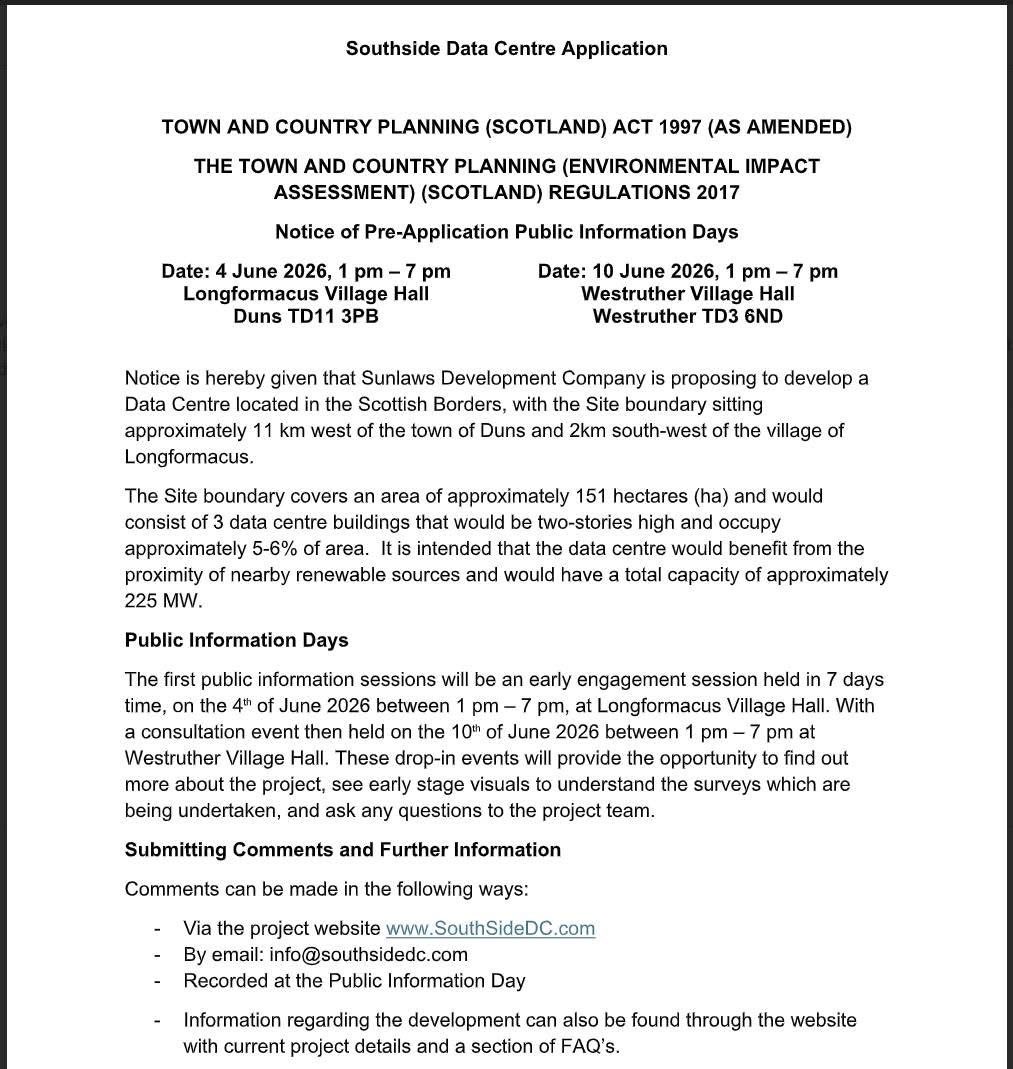 BordersRayLD's tweet photo. 3/ the reality is this data centre plan for Longformacus is totally unsuitable for this location , extraordinarily large industrial development in totally the wrong place. 

Meetings for the data centre take place in early June - I will be attending and making my views known. https://t.co/tTCdKEYImm