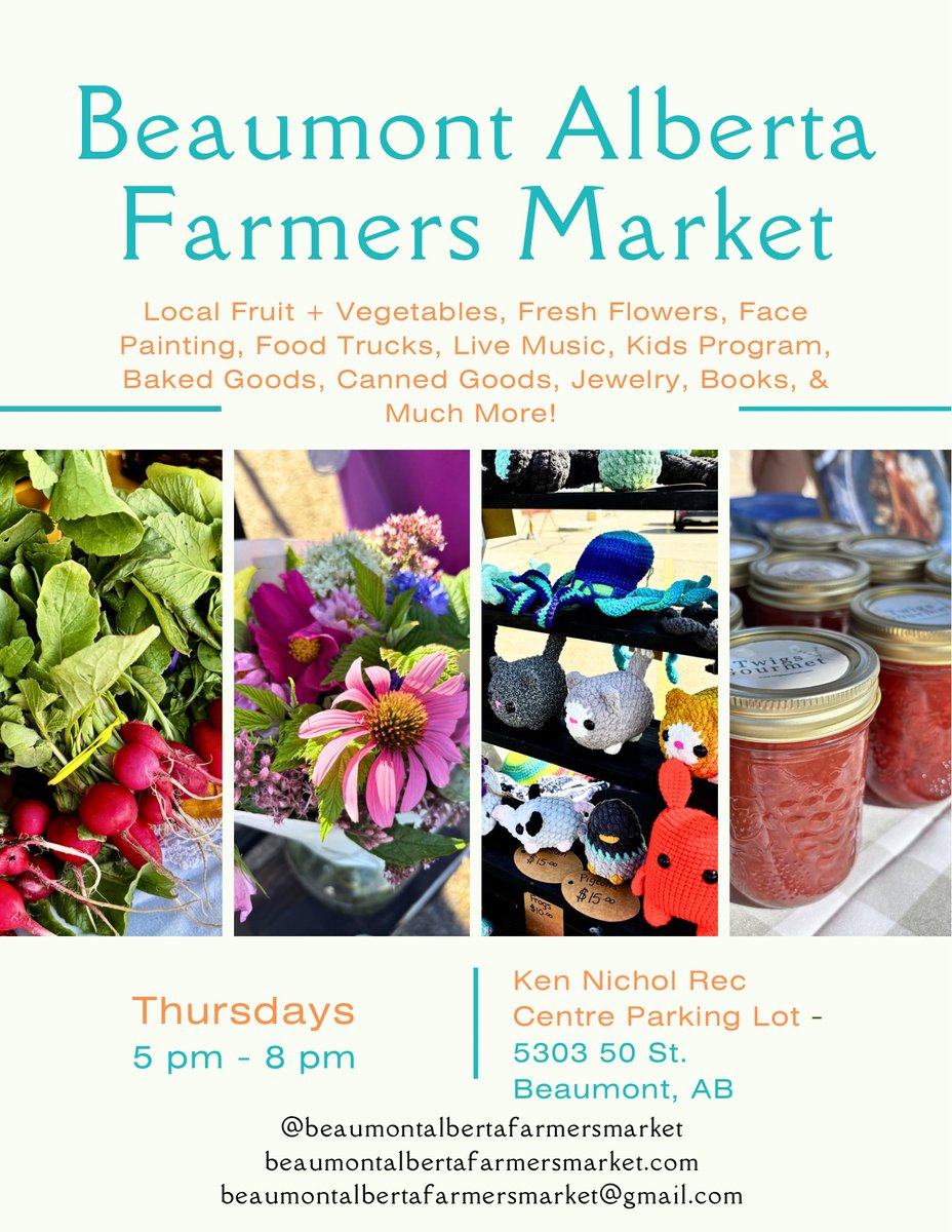 evergreenlymade's tweet photo. Beaumont Alberta Farmers Market tonight! 

🗓️ Thursday May 28  - Every Thursday night: rain or shine! 🌧️☀️ (May 28 - September 24) 

🕓 5 pm - 8 pm

📍Ken Nichol Rec Centre parking lot - 5303 50 Street Beaumont, AB https://t.co/16312O6CW6