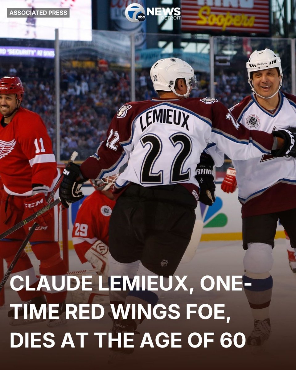 wxyzdetroit's tweet photo. Claude Lemieux, best known in Detroit for the hit on Kris Draper and then for Fight Night at the Joe in the late 1990s, has died at the age of 60. Lemieux won four Stanley Cups in his career. https://t.co/VBM9W0H8wZ