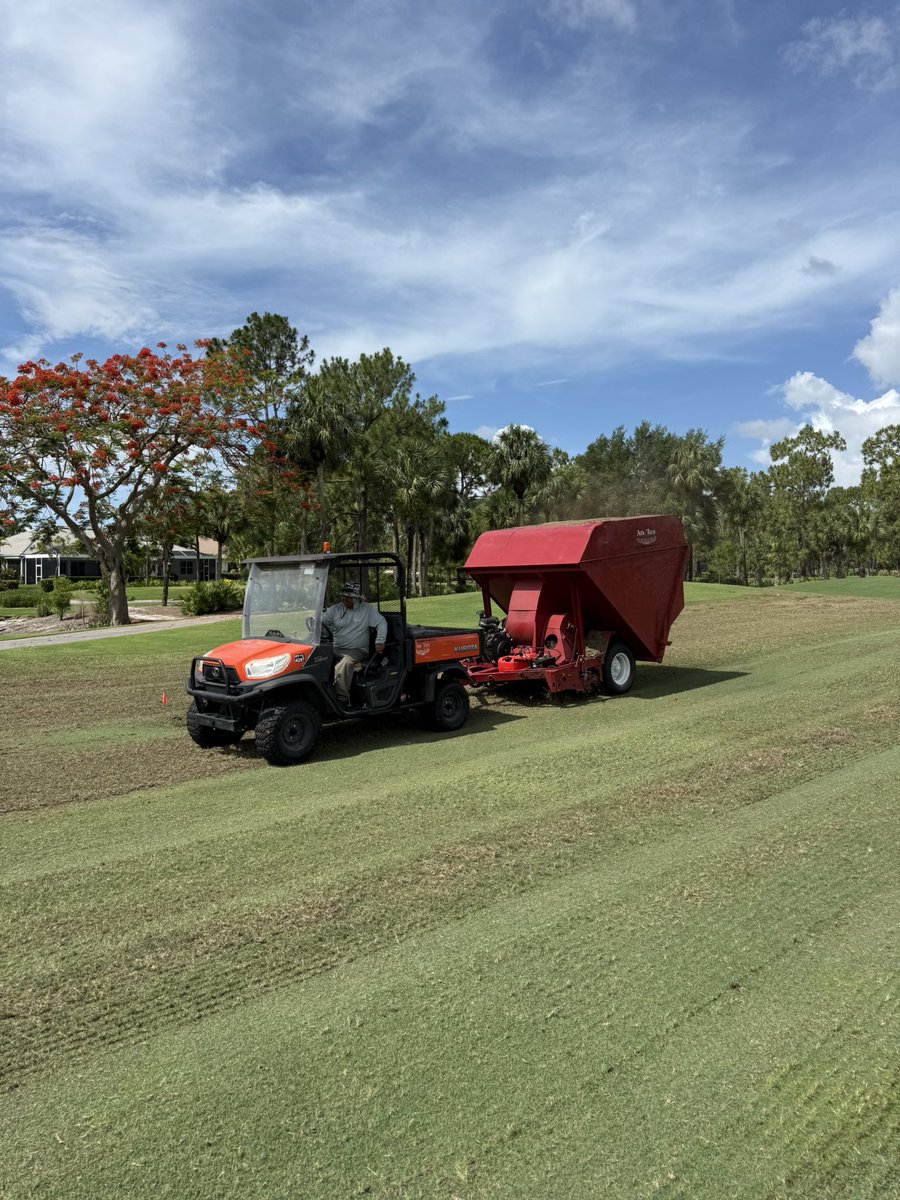 ATIGolfServices's tweet photo. Checking in on the crew today at Vanderbilt Country Club. We’re verticutting fairways with the new First Products VC90s set at a 1/2-inch depth, and the machine is covering some serious ground. Before 1:00 PM, we had already completed 18 acres of fairways.

#ATIGOLFSERVICES 

@ScottMccue3365