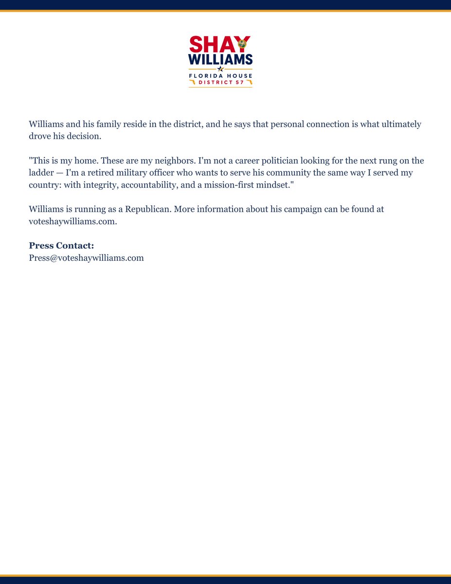 VoteWilliams14's tweet photo. FOR IMMEDIATE RELEASE: 

#FloridaHouse #FloridaHouseDistrict57 https://t.co/WvUYpGbtsQ