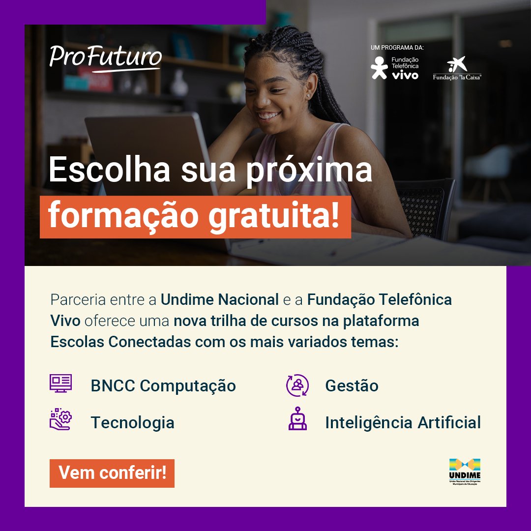 undime's tweet photo. 🎓 Vem escolher seu próximo curso! Na plataforma Escolas Conectadas, você encontra uma trilha completa de cursos pensada para apoiar o desenvolvimento de professores e gestores em diferentes níveis de conhecimento.

🔗 Conheça as formações: https://t.co/qfvQSfyQcq https://t.co/Z3Jzl9dxGU
