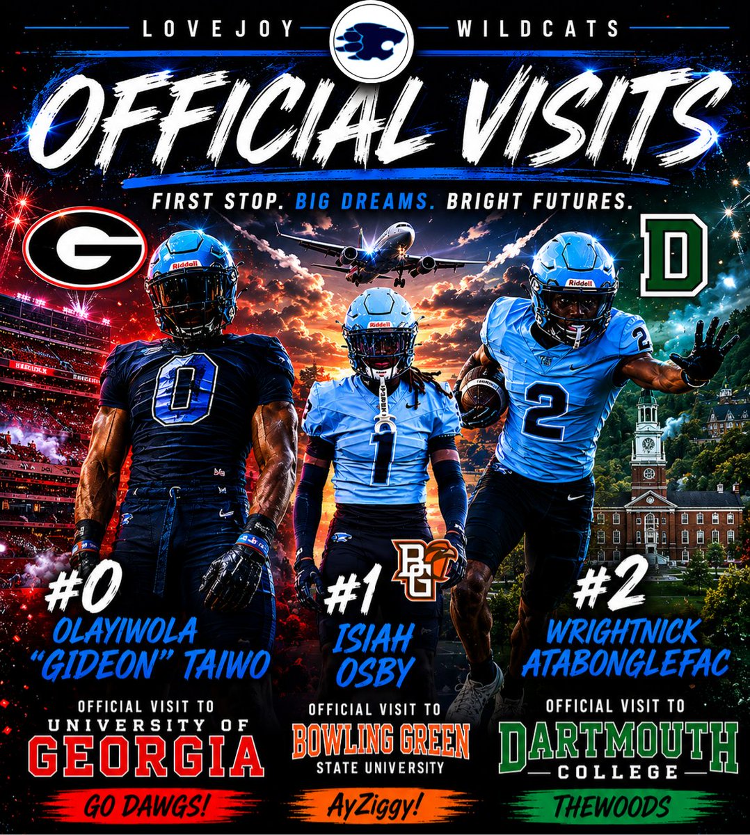 JoyWildcats's tweet photo. 🚨WILDCATS ON THE ROAD🚗🛩🚨

1st Weekend of Official Visits begin tomorrow!

Olayiwola “Gideon” Taiwo — University of Georgia
@Gideon__t | @GeorgiaFootball
Isiah Osby — Bowling Green State University 
@1Isiahosby | @BG_Football
Wrightnick Atabonglefac — Dartmouth College 
@a_wrightnick | @DartmouthFTBL

The work is paying off and the journey continues. Proud of these young men for representing Lovejoy the right way on and off the field!

#1TC
#Recru1TC
#RecruitTheJoy