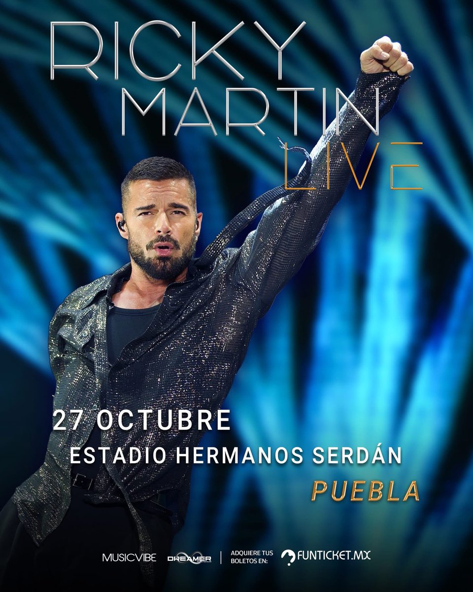 TwentyMediaa_'s tweet photo. Ricky Martin en Puebla ✨🔥
Prepárate para cantar todos sus éxitos y vivir una experiencia inolvidable.

📍 27 de octubre | Estadio Hermanos Serdán
🗓️ VENTA GENERAL: 03 de junio
⏰ 11:00 AM
🎟️ Boletos disponibles en  https://t.co/OwYl5tNGLI 
#RickyMartin #RickyMartinLive #puebla https://t.co/8YxTtQBUK0