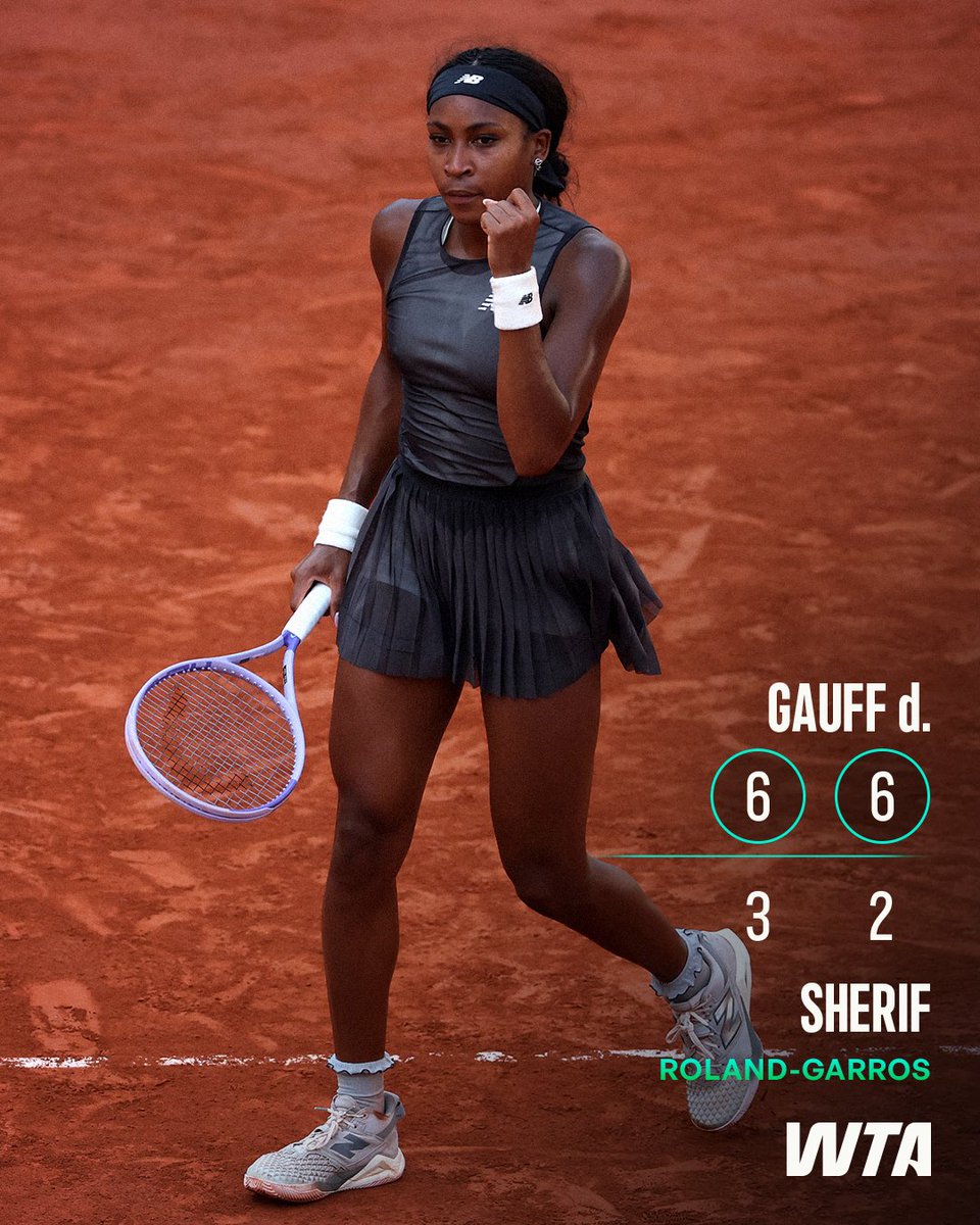 WTA's tweet photo. Soaring into Round 3 🪽

@CocoGauff continues to defend her title as she defeats Sherif in straights!

#RolandGarros https://t.co/tMcBv2A9i8