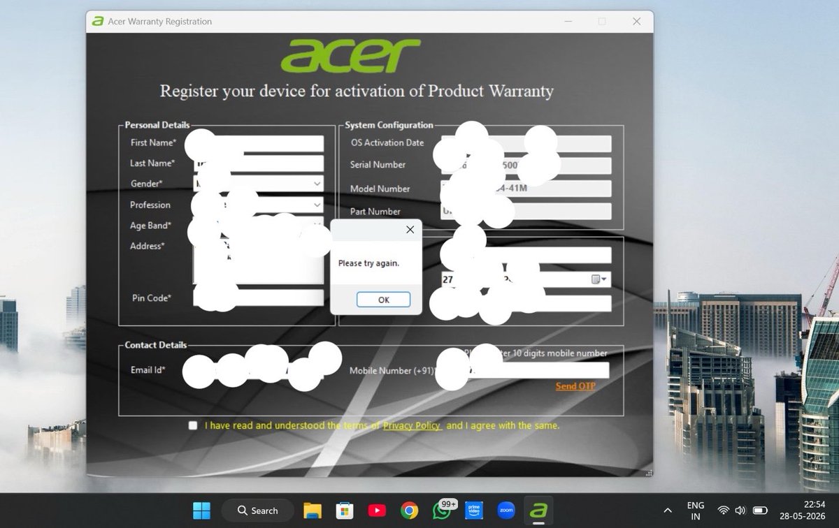 millindtripathi's tweet photo. @Acer @Acer_India I am facing an issue while doing the “Warranty Registration”.
So, I am unable to verify the mobile number via OTP since I bought the laptop.
pr : screenshots from laptop https://t.co/BbrbQ61keK