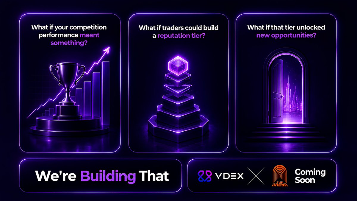 0xVDEX's tweet photo. What if your competition performance meant something? 

What if traders could build a reputation tier? 

What if that tier unlocked new opportunities?  

We're building that. 

Arena x VDEX. Coming 🔜 https://t.co/I7DbTx6O4e