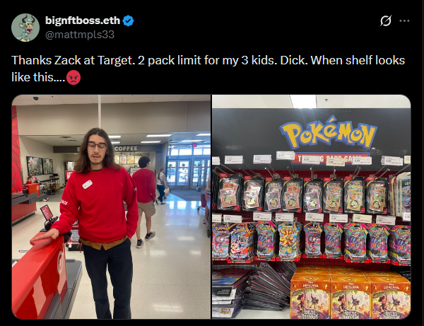 OoCPokemon's tweet photo. scalpers are sad that they can't buy more than 2 cards for their "kids" due to limit purchase policies

when we all know damn well that sob story isn't going to fly, considering that scalpers couldn't even maintain a healthy relationship, let alone an actual job. https://t.co/8C5YAM2ktt