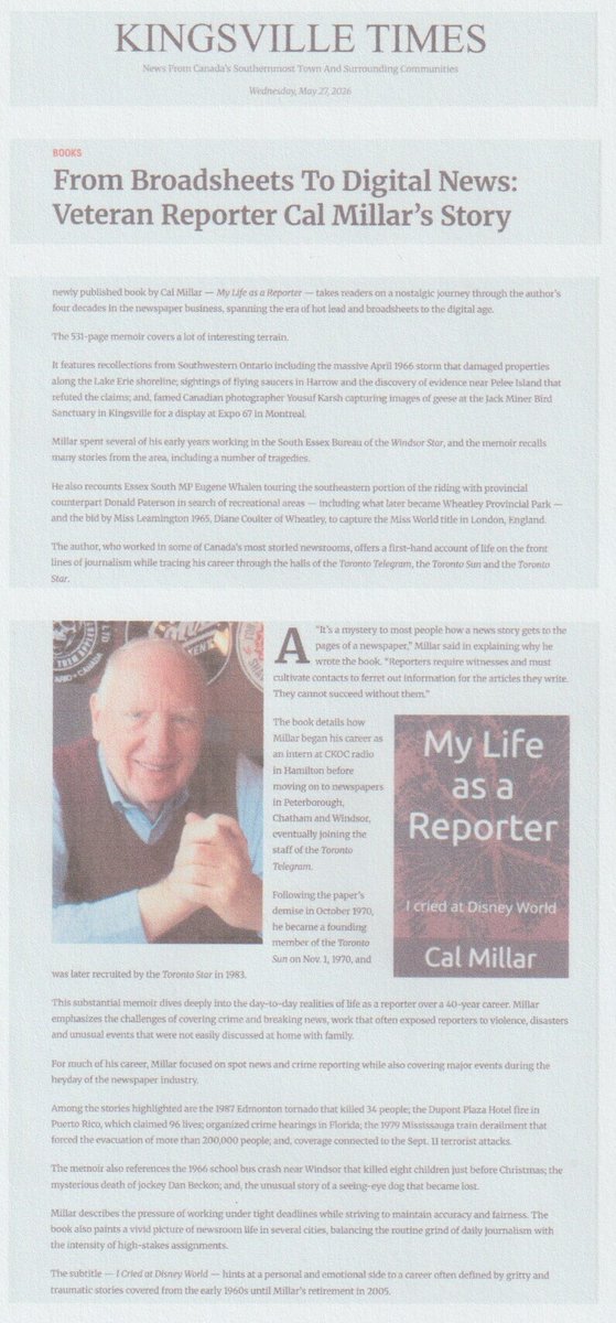cal_millar's tweet photo. A big thank you to the Kingsville Times for an article on my new book - My Life as a Reporter - available from Amazon. The book covers my 40 years in the newspaper business, including a period with the Windsor Star where I worked in the South Essex Bureau. https://t.co/DkOd4sor2I https://t.co/YxNL5ujMQB