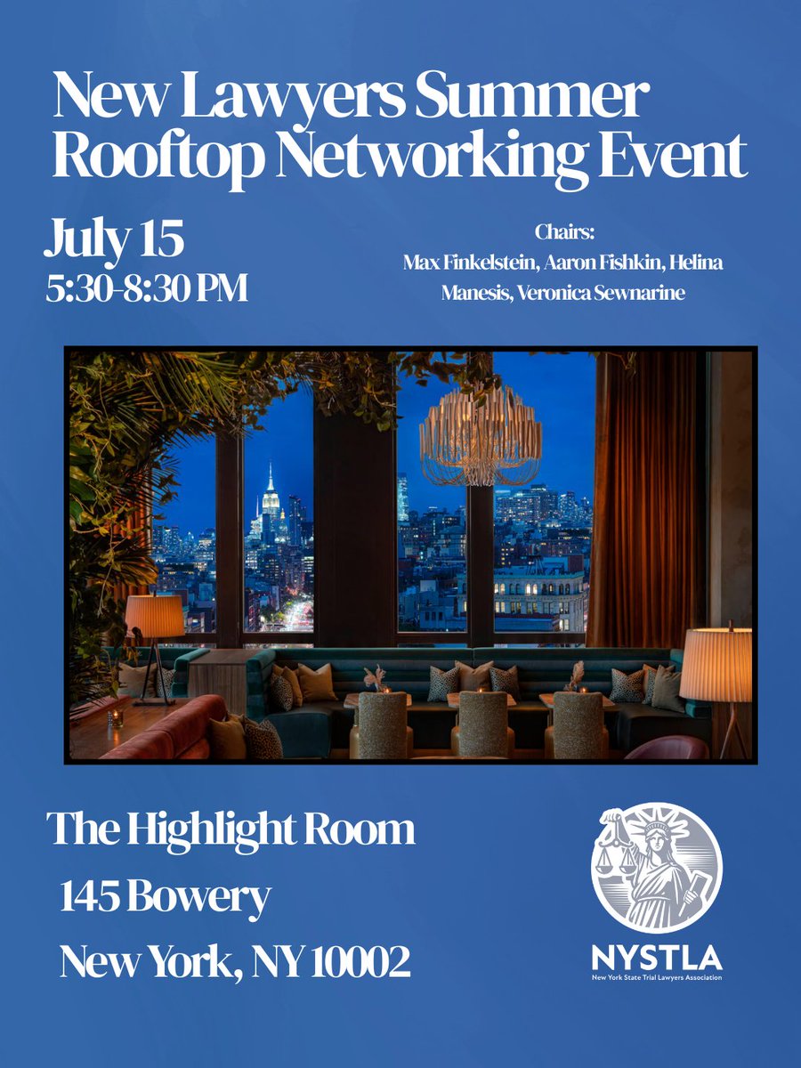 NYSTLA's tweet photo. NYSTLA’s New Lawyers Committee invites you to our Summer Soirée Networking Event. Bring your shades, business cards, and summer spirit as we mix, mingle, and celebrate alongside the next generation of great lawyers.

RSVP here: https://t.co/Qim1KRxvnJ https://t.co/BMcj6rZKZG