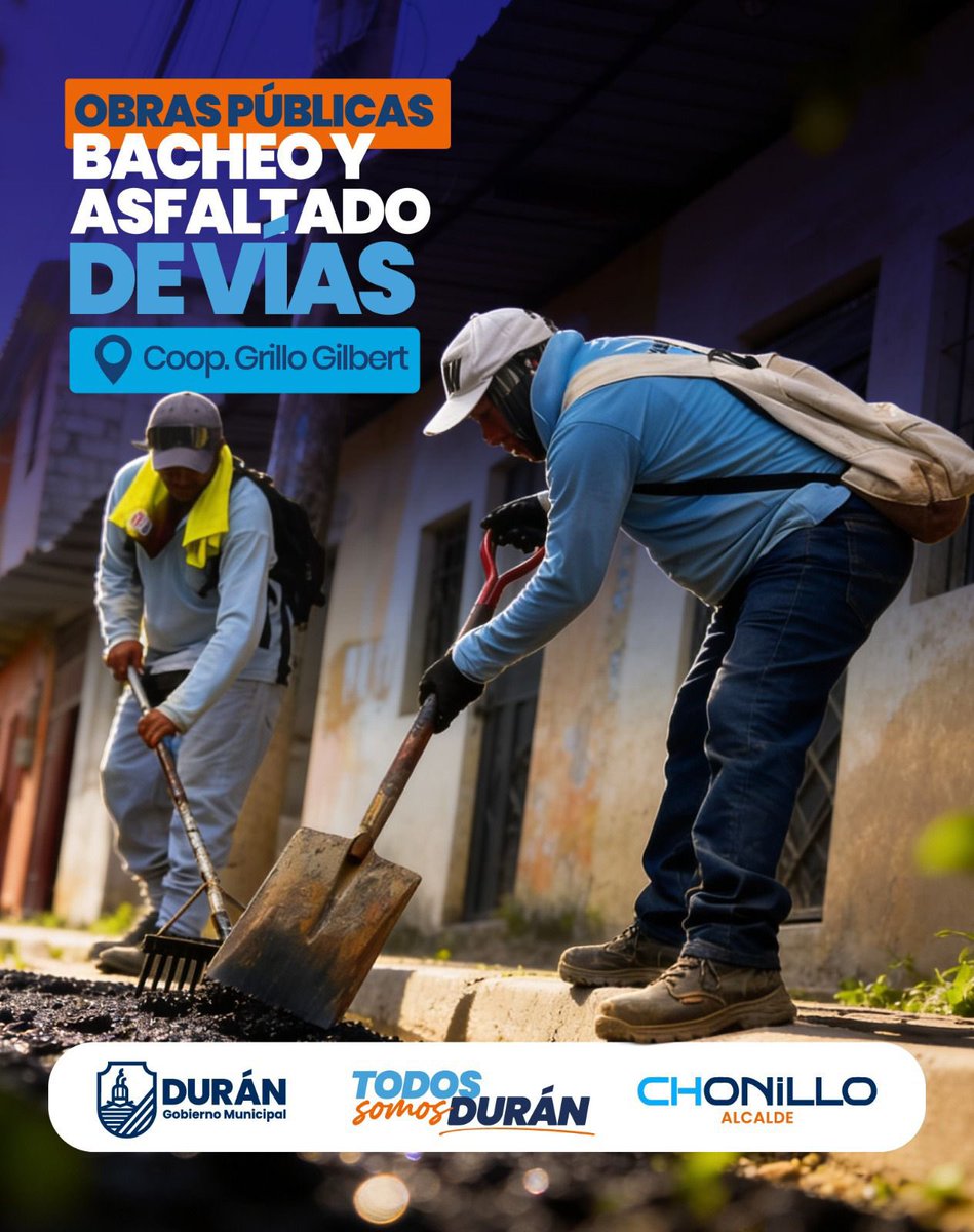 CHONILLOec's tweet photo. ¡Seguimos transformando la Coop. Grillo Gilbert!
Con nuestro plan de bacheo, ya hemos colocado 72 m3 de asfalto para garantizar vías más seguras. https://t.co/Ry1MruFnK3
