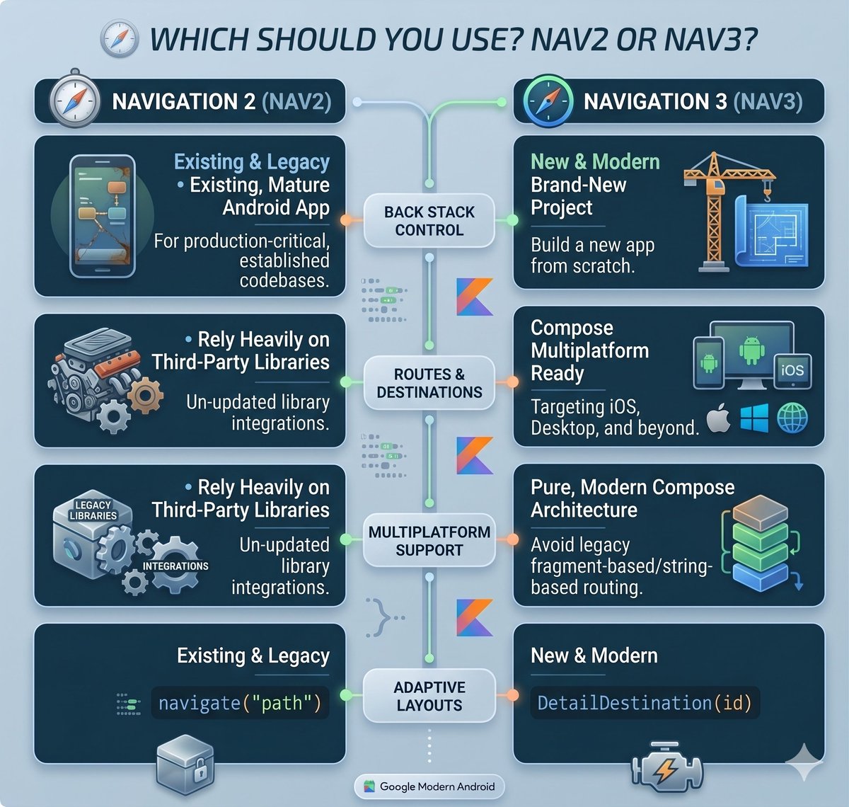 sasisachin12's tweet photo. Navigation 2 and Navigation 3 quick hints to remember the difference:
1) State Ownership
2) Action vs List 
 3) UI Container 
4) Passing Arguments 
5) Screen Layouts https://t.co/NLZGbI5Zvq