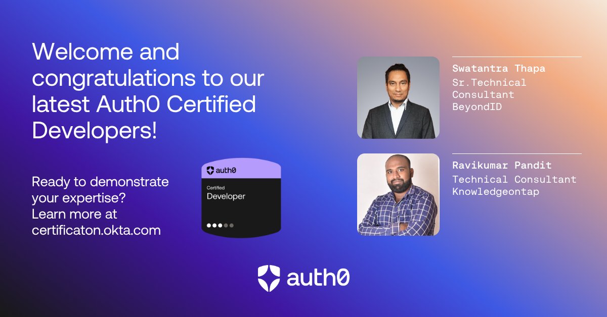 Auth0Community's tweet photo. Congratulations to Ravi Pandit and Swatantra Thapa on becoming our latest Auth0 Certified Developers! 🥳 This certification is a testament to their dedication and technical skills. 

Want to join them? Check out our certification pathways: https://t.co/52L9EKS2uo https://t.co/KHnmJoRYia