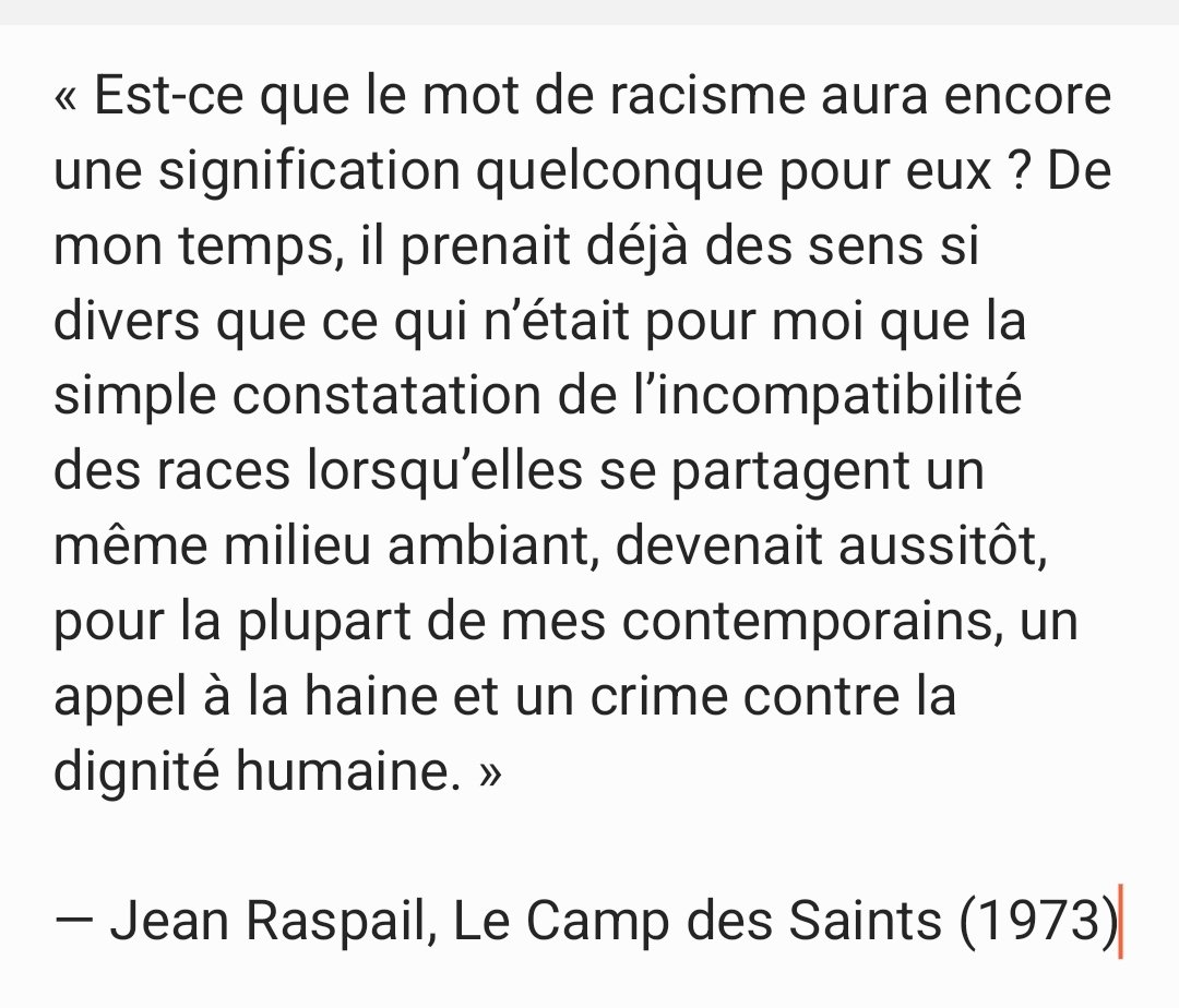 FerdinandLass's tweet photo. "Est-ce que le mot de racisme aura encore une signification quelconque pour eux ? De mon temps, il prenait déjà des sens si divers que ce qui n'était pour moi que la simple constatation de l'incompatibilité des races lorsqu'elles se partagent un même milieu ambiant,

Raspail 1/ https://t.co/t1mUTxFLxb
