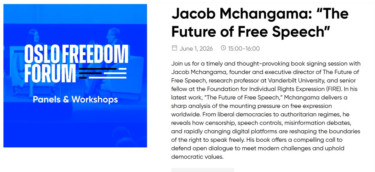 JMchangama's tweet photo. Few gatherings match the @OsloFF  for moral seriousness and sheer range of people actually fighting for freedom. I've attended for 10+ years — this year I'll be discussing and signing The Future of Free Speech on June 1 at 3pm. If you're in Oslo, come say hi ⏬ https://t.co/DG9MyOV4tf
