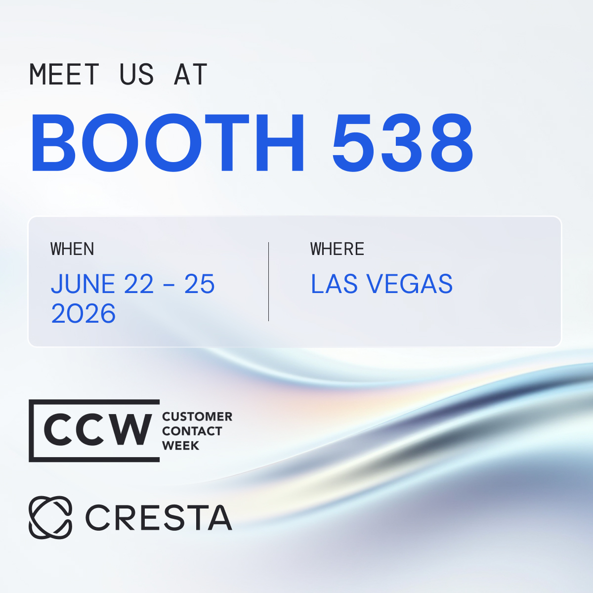 MKnudtsen's tweet photo. Headed to #CCW2026 in Las Vegas? So is @cresta!

We’ll be at Booth 538 all week with live AI Agent demos, and we're excited to unveil our exclusive speakeasy with TELUS Digital at the conference 🥂

If you’re going to be there, connect with our team ➡️ https://t.co/2n2PesyIlJ https://t.co/iDfGiE9l0B