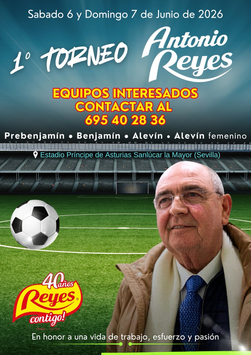 ed_league's tweet photo. ⚽🏆 Nace el 1º Torneo Antonio Reyes

Los próximos 6 y 7 de junio de 2026 viviremos un gran fin de semana de fútbol base en el Estadio Príncipe de Asturias de Sanlúcar la Mayor.

📌 Categorías:
🔹 Prebenjamín
🔹 Benjamín
🔹 Alevín
🔹 Alevín Femenino
 @pipas_reyes ... https://t.co/4MErBZnGUH