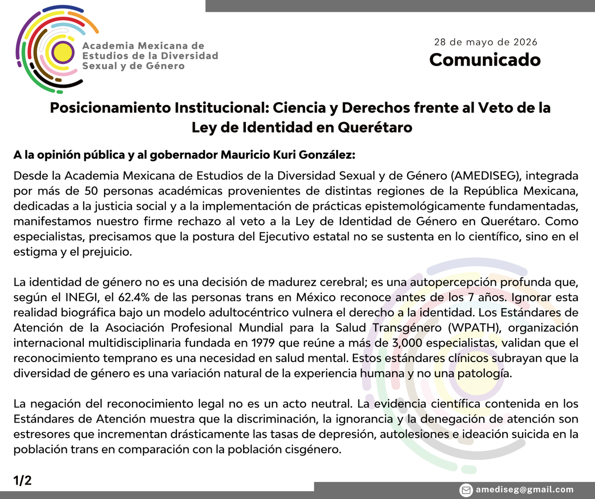 AMEDISEG's tweet photo. 📢 En la AMEDISEG reconocemos los derechos de las personas trans en Querétaro. Las decisiones públicas deben basarse en evidencia científica, en los derechos  humanos y en la dignidad, no en el estigma ni en el prejuicio. 🏳️‍⚧️ #LeyDeIdentidad #AMEDISEG https://t.co/fkXvPl7JVK