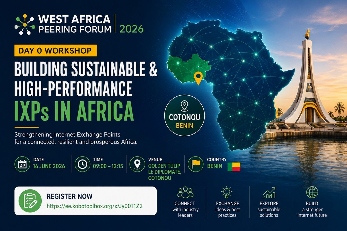 AfPIF's tweet photo. Join the West Africa Peering Forum – Day 0 Workshop on:
📌 Building Sustainable &amp; High-Performance IXPs in Africa
📅 16 June 2026
⏰ 09:00 – 12:15
📍 Golden Tulip Le Diplomate, Cotonou, Benin 🇧🇯
🔗 Register now: https://t.co/kU7CqM1fLk https://t.co/r2zFXqDZaK