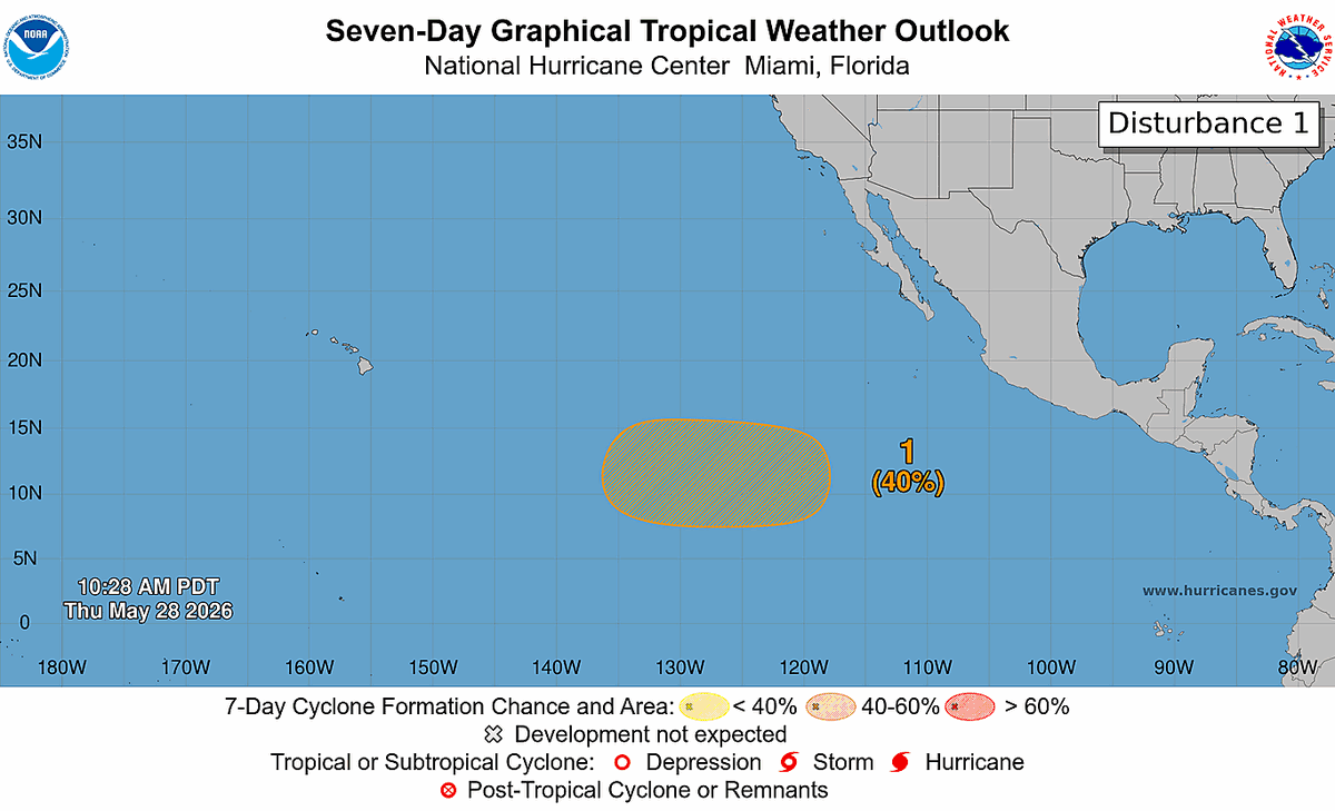 NHC_Pacific's tweet photo. May 28 11 AM PDT: There is a medium chance (40%) of tropical cyclone formation well to the southwest of the Baja California peninsula next week. Visit https://t.co/Oy8uoeRKme for more details. https://t.co/AZ00P0goiJ