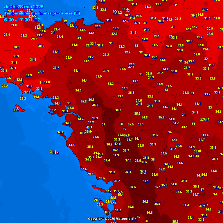 meteociel's tweet photo. En ce 28 mai 2026 c'est toujours les très fortes #chaleurs qui dominent.
Ce sont 145 #records qui ont été battus ce jour parfois de 3°C par rapport à l'ancien comme à Perpignan (66) où il a été relevé 37.4°C ce jour alors que l'ancien record de mai était de 34.4°C en 2001 pour une station ouverte en 1924.
36.6°C à Bordeaux (33)
36.1°C à Niort (79) et Cognac (16)
36°C à Bergerac (24)
35.8°C à Montauban (82) et Cazaux (33)
35.7°C à Mont-de-Marsan (40)
35.5°C à Agen (47)