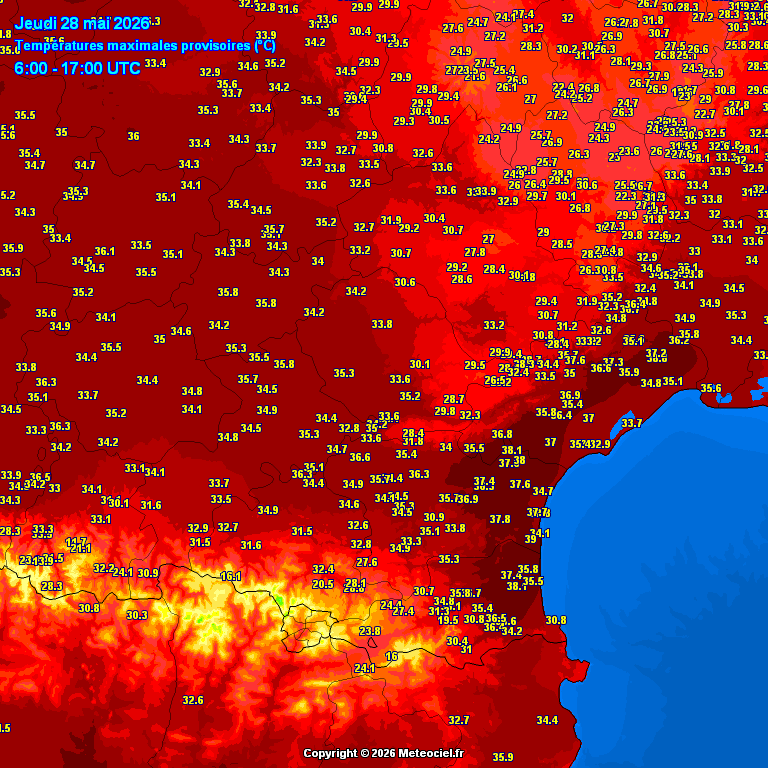 meteociel's tweet photo. En ce 28 mai 2026 c'est toujours les très fortes #chaleurs qui dominent.
Ce sont 145 #records qui ont été battus ce jour parfois de 3°C par rapport à l'ancien comme à Perpignan (66) où il a été relevé 37.4°C ce jour alors que l'ancien record de mai était de 34.4°C en 2001 pour une station ouverte en 1924.
36.6°C à Bordeaux (33)
36.1°C à Niort (79) et Cognac (16)
36°C à Bergerac (24)
35.8°C à Montauban (82) et Cazaux (33)
35.7°C à Mont-de-Marsan (40)
35.5°C à Agen (47)