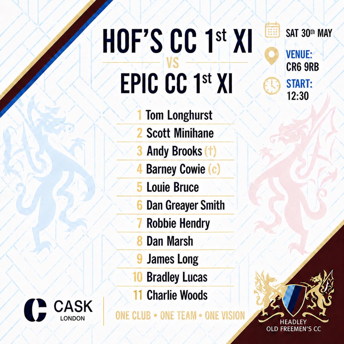 HOFCricketClub's tweet photo. 🐉🏏TEAM ANNOUNCEMENT!!🏏🐉

Our two sides for Saturday 30th are: 

1st XI away to Epic CC &amp; 2nd XI @HCG vs Brockham Green 🐉🏏

All welcome come to support the teams!! https://t.co/YXPyL2xifU
