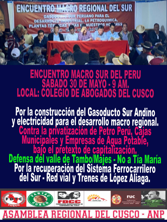 JESUSMANYA's tweet photo. ENCUENTRO MACRO REGIONAL DEL SUR, en Cusco, el 30 de mayo, local Colegio de Abogados del Cusco, desde las 9 am. https://t.co/SaieUssJ8k
