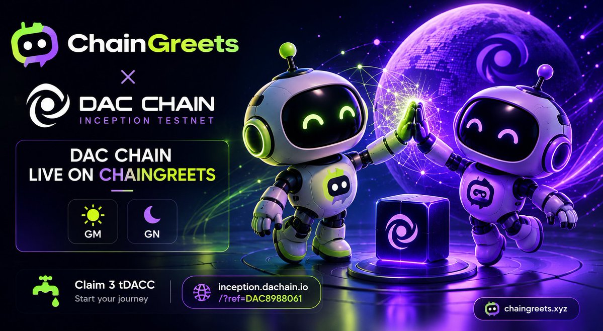 chaingreets's tweet photo. Now live on ChainGreets ... @dac_chain 

Minimal integration for daily GM/GN on the DAC Inception Testnet.

Big thanks to @cryptobullart who kept asking for the integration and even mentioned ChainGreets in his DAC guide before it was live 😄

#GM #GN #gDAC https://t.co/C7HBSEFSlP