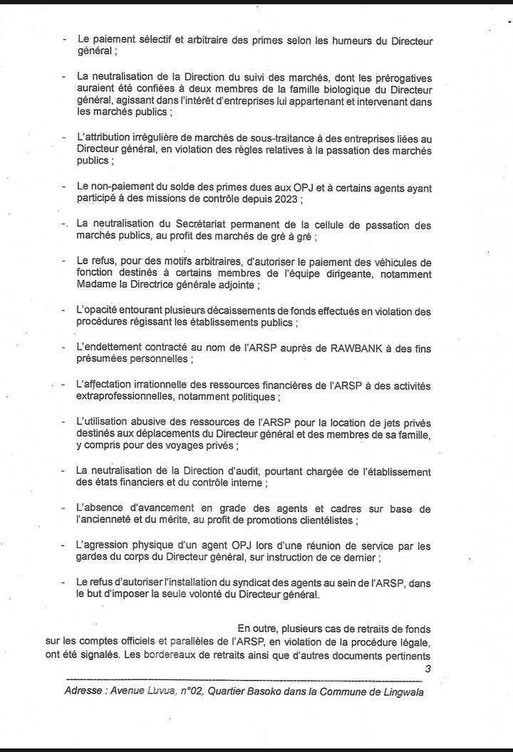 manya_serge's tweet photo. 🚨 ALERTE | ARSP : graves accusations de détournement et de mégestion au sommet de l’établissement public

Un document transmis aux plus hautes institutions de la République met en cause la gestion du Directeur Général de l’ARSP.
Le collectif des agents et cadres dénonce un système marqué par :

- le non-paiement des salaires, primes et frais de fonctionnement ;
- des retenues fiscales et sociales non reversées à la CNSS et à la DGI ;
- des marchés attribués de gré à gré à des entreprises proches de la direction ;
- l’ouverture de comptes parallèles pour contourner les procédures légales ;
- des retraits suspects et des décaissements opaques ;
- l’utilisation présumée des fonds publics à des fins personnelles et politiques ;
- des intimidations, violences et abus d’autorité contre les agents.

Alors que l’ARSP avait été présentée comme un pilier de la promotion de la sous-traitance congolaise, ces révélations jettent une ombre inquiétante sur la gouvernance de cet établissement stratégique.

La lumière doit être faite.
Le peuple congolais exige vérité, transparence et redevabilité. 
Très bientôt, vous allez nous suivre sur Télé 50 pour une émission avec tous les détails et preuves à l’appui es.