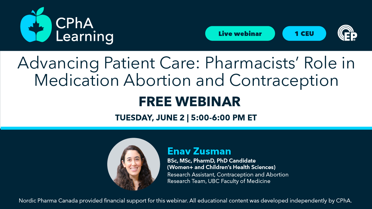 CPhAAPhC's tweet photo. Don't miss next week's #CPhALearning webinar!

Join us on June 2 from 5–6 p.m. ET for a comprehensive overview of medication abortion and hormonal contraception for community #pharmacists.

➡️ Register now: https://t.co/yXGBgfGccl https://t.co/kigolLZYVE