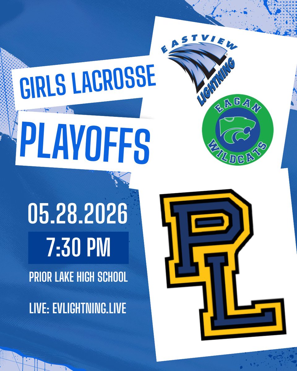 EVLightningLive's tweet photo. Playoffs incoming tonight 🥍 Eastview/Eagan vs @plhsglax at 7:30 PM. Watch live: https://t.co/r61iTk2NWW

#EastviewLightning #Playoffs #GirlsLacrosse https://t.co/xnEdWg1vfD