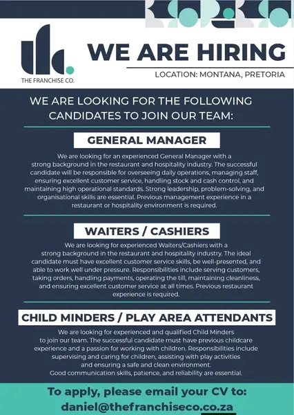 NthabelengDlam5's tweet photo. currently hiring:
General Manager
Waiters / Cashiers
Child Minders / Play Area Attendants
📧 Send your CV to: daniel@thefranchiseco.co.za
#GeneralWorker #waitersjob #jobseekers https://t.co/GwVAejp8Ik