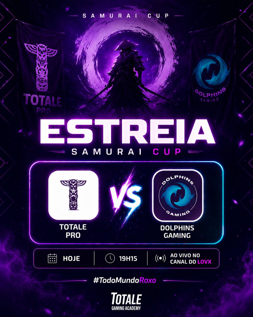 TOTALEggwp's tweet photo. HOJE É DIA DE ESTREIA NA SAMURAI CUP 💜

A TotalePRO entra no servidor carregando muito mais do que um logo no peito.
Essa estreia representa evolução diária e a vontade de mostrar que a nossa caminhada está só começando.

vs Dolphins Gaming, hoje às 19h15
📺 Transmissão ao vivo no canal do Lovx
https://t.co/c52p4DKIjg

Vamos juntos fazer barulho pelo time!

#TodoMundoRoxo