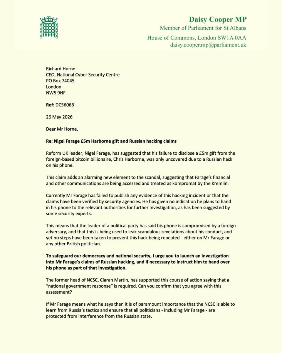 LibDems's tweet photo. If a political party leader has had his communications compromised by a foreign adversary, it poses an alarming threat to our entire democracy. 

@LibDemDaisy has written to the National Cyber Security Centre to investigate Nigel Farage’s claims his phone was accessed by Russian hackers.