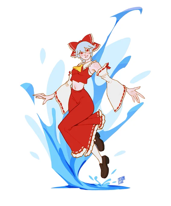 Commission for and their oc Alma cosplaying as Reimu