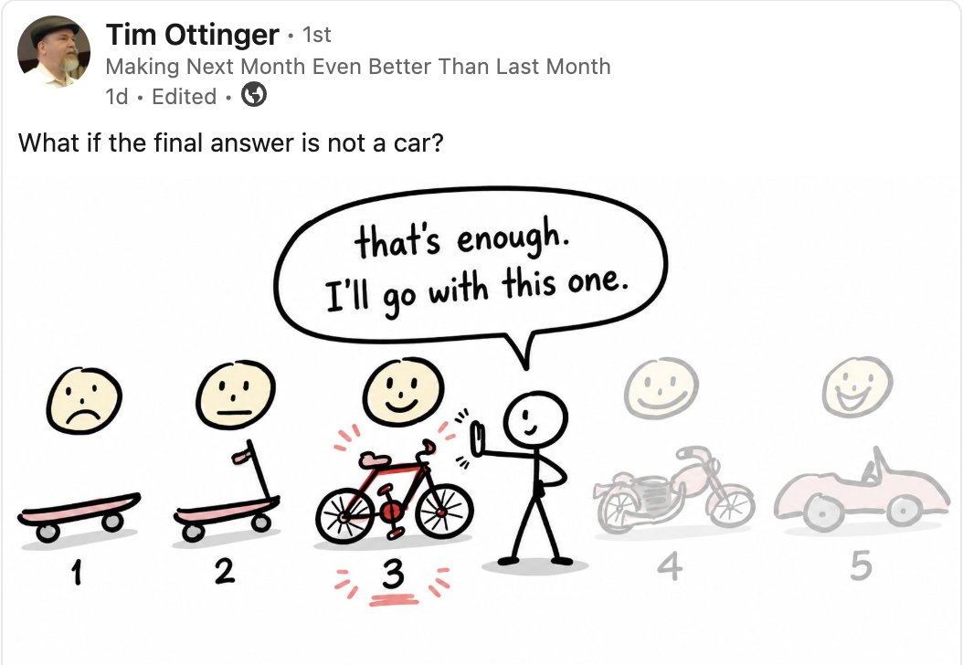 allenholub's tweet photo. Tim Ottinger posted this drawing over on LinkedIn 👇 [https://t.co/NtIzo3QOKH].  He's absolutely correct about this.

Here's an example: I once built what amounted to a small blog system that had a comments feature. My initial idea was a standard comments dashboard. When somebody made a comment, it would go onto the dashboard, and then I'd send an email out asking for approval. A link in the email got you to the dashboard. Google Groups works exactly that way.

Then I started building. I like to keep early versions as simple as possible, so my first version skipped the dashboard entirely and sent an email with an "approve" link in it. If I didn't get an approval within a few days, I deleted the comment.

I released that.

Nobody complained. Nobody asked for a dashboard. A link in the email was just fine. 

So, I was finished. There was no need to create that complicated dashboard at all, given that everybody was happy. Nobody ever requested a dashboard, but if they had, I would have added it at that point.

Here's another example:

When I build microservices, I take the notion seriously that the service should be fully self-contained with impermeable boundaries and no dependencies on anything external. That principle means that every microservice must have its own data store. There is no shared database in the system. (This is standard microservice architecture, described in a myriad books—please read one of those before you argue with me about how crazy I am. Many thousands of microservice systems don't have a shared database.)

Version one of my services often uses the simplest data store possible: everything is in memory. No SQL. No serialization. Just a collection (usually JSON in a key/value dictionary).

So, once I've deployed that and proven to myself that the business logic is working, I often (not always) add persistence by serializing to a local file on the disk using the easiest mechanisms available. Usually, that's not any official serialization system—I just create a flat file with those key/value pairs in it.

Often, I'll stop at that point. If the key/value pairs are working, there's no point in doing anything fancier. In any event, seems like bringing in an SQL server to handle a database with one table and a couple of columns is way more trouble than it's worth.

So, the lesson here is: (1) work incrementally in very small batches; (2) build the simplest possible thing; (3) if absolutely necessary, add a bit more, but again, build the simplest possible thing; (4) don't futureproof—if the current thing is good enough, stop.