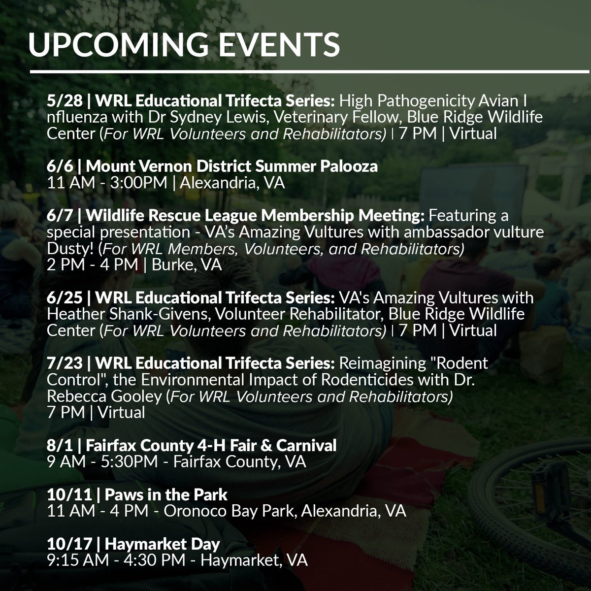 WRL_VA's tweet photo. We’ve got quite a number of #exciting events coming up this year! Please #visit our booth at some #local festivals or join us for our special #educational opportunities. 

We look forward to seeing you! https://t.co/WFIURbiwl4