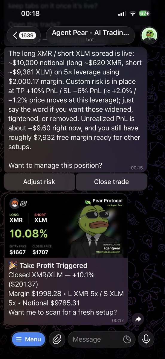 SendoraFulton's tweet photo. So I finally got round to trying @pear_protocol ‘s updated AI Pear Trading Suite. In short: I’m fucking stunned. In TG I told it to scan all assets on HL and pick the pair trade it thinks will yield the best return in the next 8 hours. It found XMR/XLM, explained in detail why, gave me recommended SL and TP. 

But then it got silly… with 1 click it executed it, placed all orders and 150 seconds later the position had hit TP for $200. I was taking a piss and the agent took its own idea and used my money to make more money. 

I feel excited and emasculated and scared and curious all at once. Can’t wait to delve deeper into the reasoning it uses and see just how capable this thing can be. 

Pear team continue to build and ship like no one else in the space and to boot they’re running HYPE mystery box prizes for the first 150 people using this agent alongside the existing HyPear point season with HYPE rewards. 

If you’re not pair trading in this environment with all these perks, what the fuck are you even doing? 

🍐