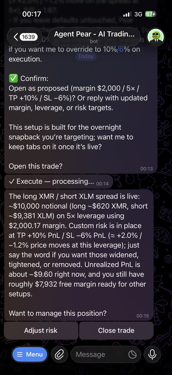 SendoraFulton's tweet photo. So I finally got round to trying @pear_protocol ‘s updated AI Pear Trading Suite. In short: I’m fucking stunned. In TG I told it to scan all assets on HL and pick the pair trade it thinks will yield the best return in the next 8 hours. It found XMR/XLM, explained in detail why, gave me recommended SL and TP. 

But then it got silly… with 1 click it executed it, placed all orders and 150 seconds later the position had hit TP for $200. I was taking a piss and the agent took its own idea and used my money to make more money. 

I feel excited and emasculated and scared and curious all at once. Can’t wait to delve deeper into the reasoning it uses and see just how capable this thing can be. 

Pear team continue to build and ship like no one else in the space and to boot they’re running HYPE mystery box prizes for the first 150 people using this agent alongside the existing HyPear point season with HYPE rewards. 

If you’re not pair trading in this environment with all these perks, what the fuck are you even doing? 

🍐