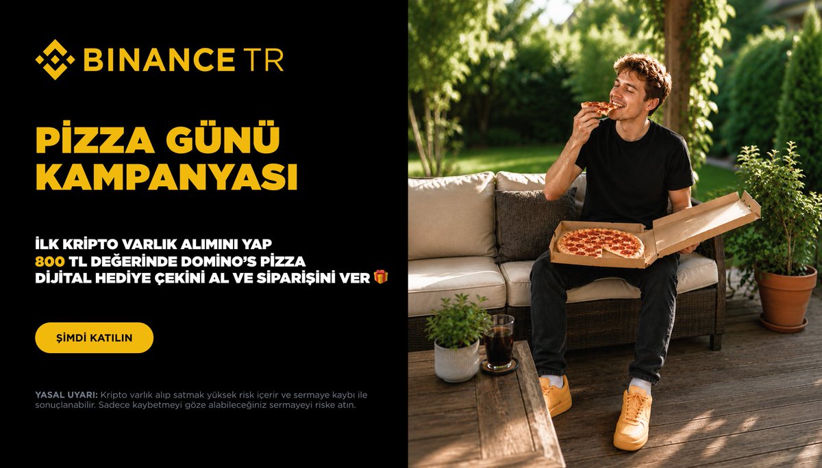 BinanceTR's tweet photo. Bitcoin Pizza Günü ruhu Binance TR’de devam ediyor 🍕

İlk kripto varlık alımını yap, 800 TL değerinde Domino’s Pizza dijital hediye çekini al ve siparişini ver 🎁

Üstelik kazanan kişi sınırı yok, şartları sağlayan herkes ödül kazanıyor 🔥 https://t.co/0SJrKQMBlR